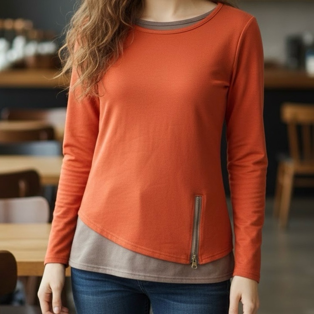Depending on the Horizon Orange Layered Asymmetrical Top Artsy Boho Maximalist